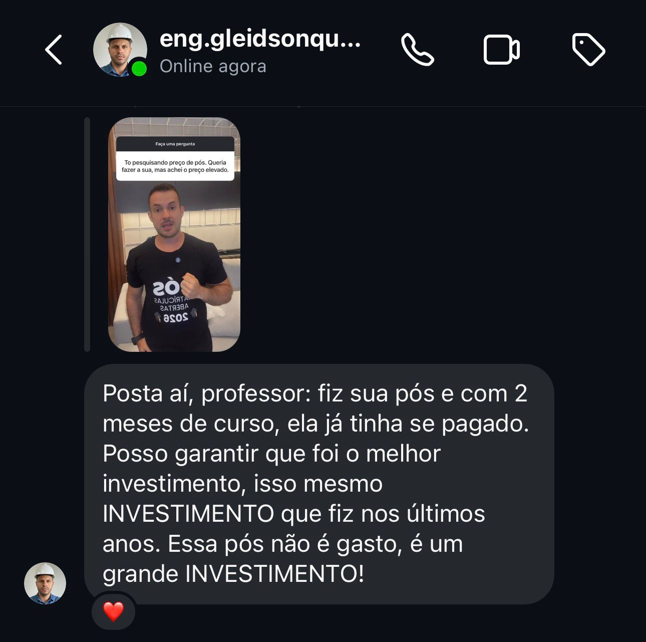 Depoimento de aluno sobre retorno do investimento na pós