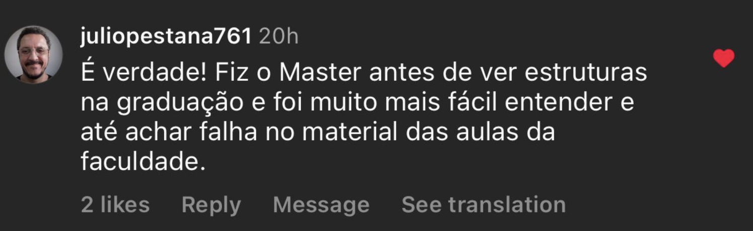 Comentário de aluno comparando o Master com a graduação